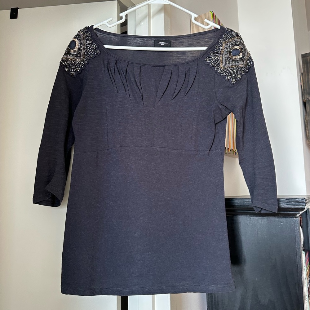 Deletta Midnight Blue Blouse with Embellished Shoulders